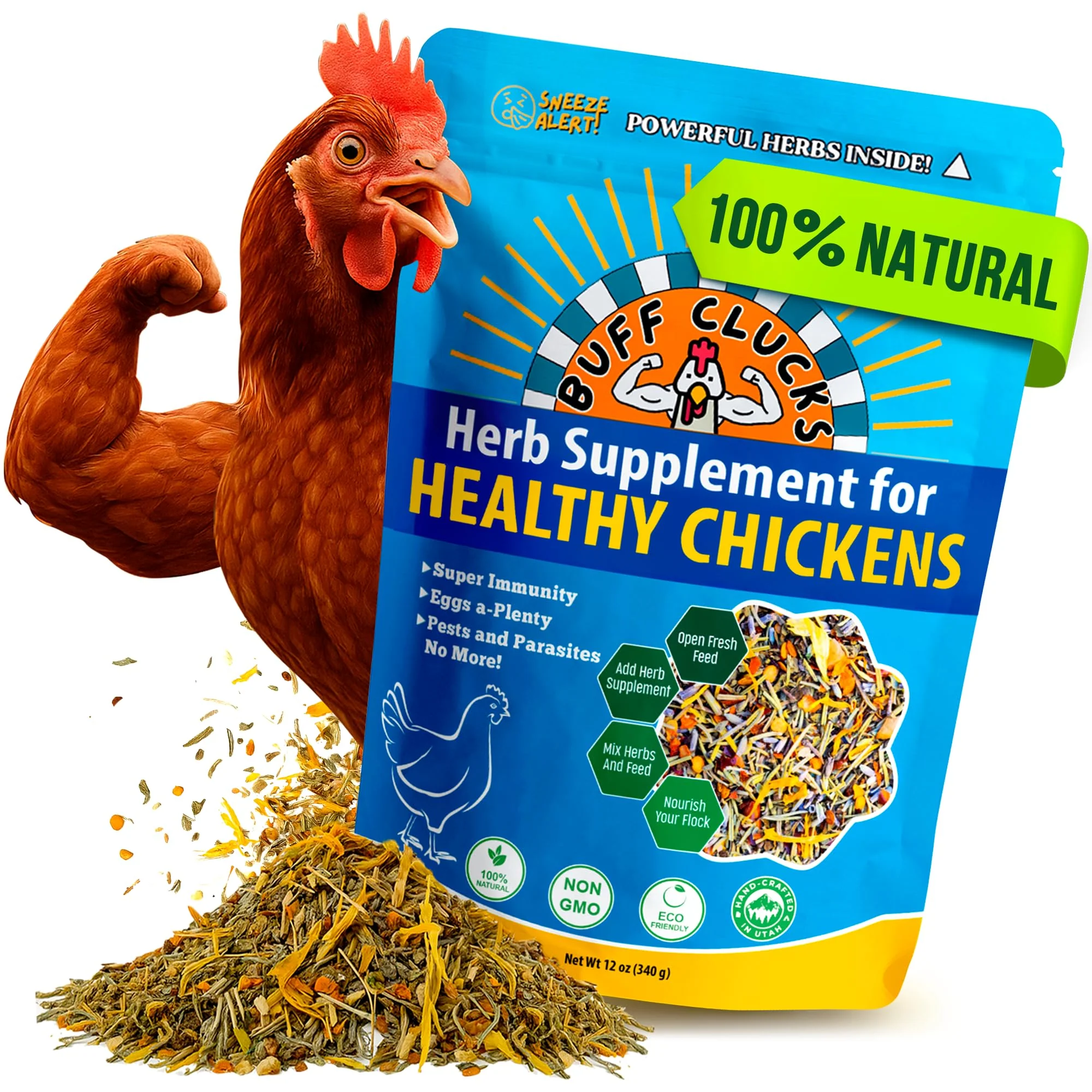 Buff Clucks Herb Supplement for Backyard Chickens – Natural Herbal Treats for Egg Quality Feather Health 12 oz Long-Lasting
