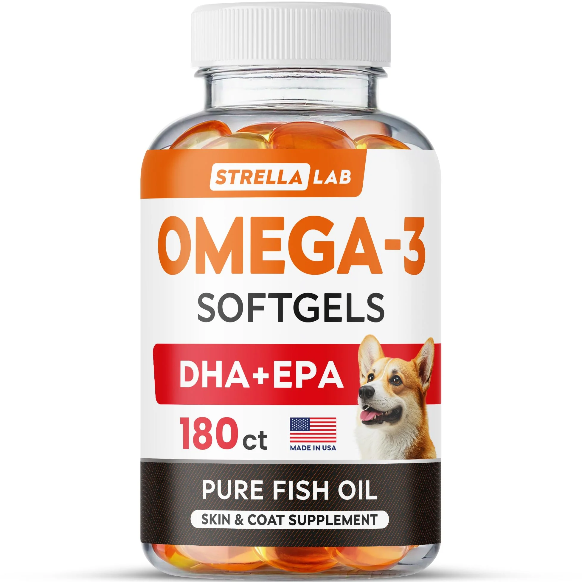 Recyclable STRELLALAB Omega 3 Dog Fish Oil Softgels 180 Ct – No Fishy Smell EPA DHA for Joints Skin Heart Healthy