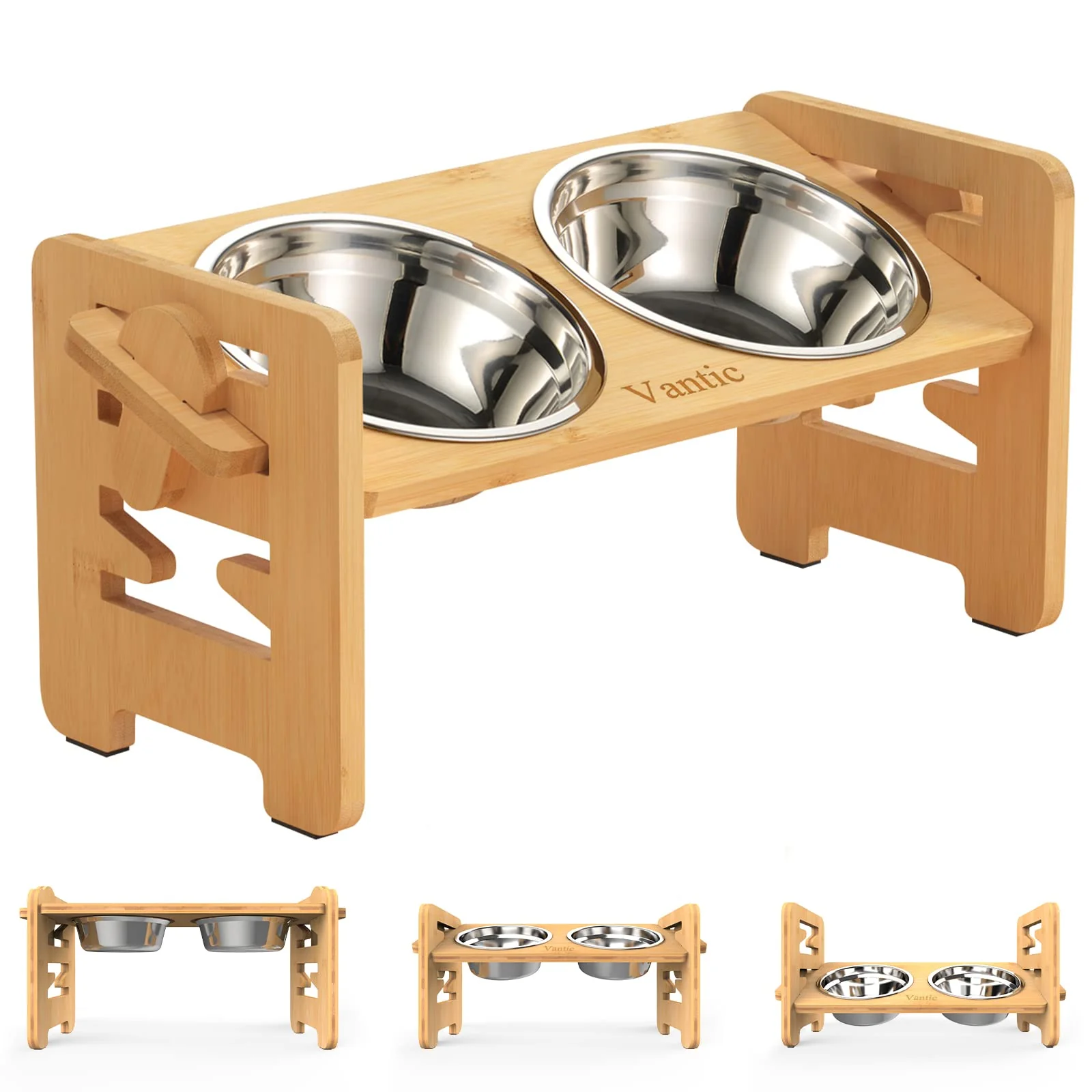 Secure Vantic d Dog Bowls – Adjustable Raised Stand for Small Puppies and Cats with Bamboo Stainless Dishes Dependable