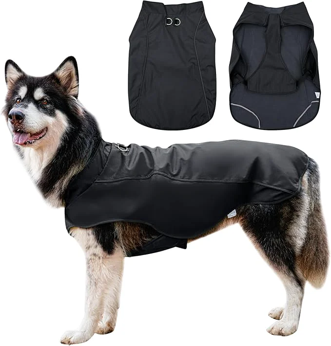 Excellent Outdoor Waterproof Dog Jacket for Extra Large Dogs Doggie Coats with Harness Buitl in D-Ring Warm Fleece Dog Clothes for Cold Winter Black 5XLAbout ThisOverview Innovative
