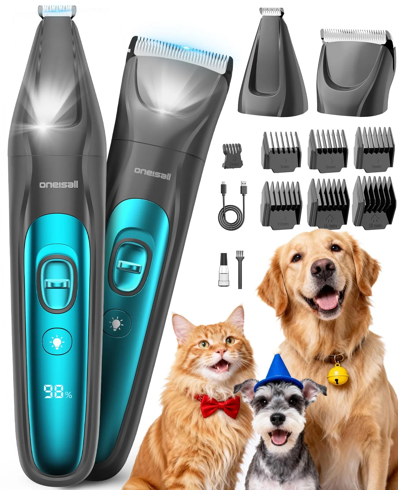Verified oneisall LED Light Dog Trimmer Clippers – 2-in-1 Cordless Grooming Kit 2000mAh Powerful