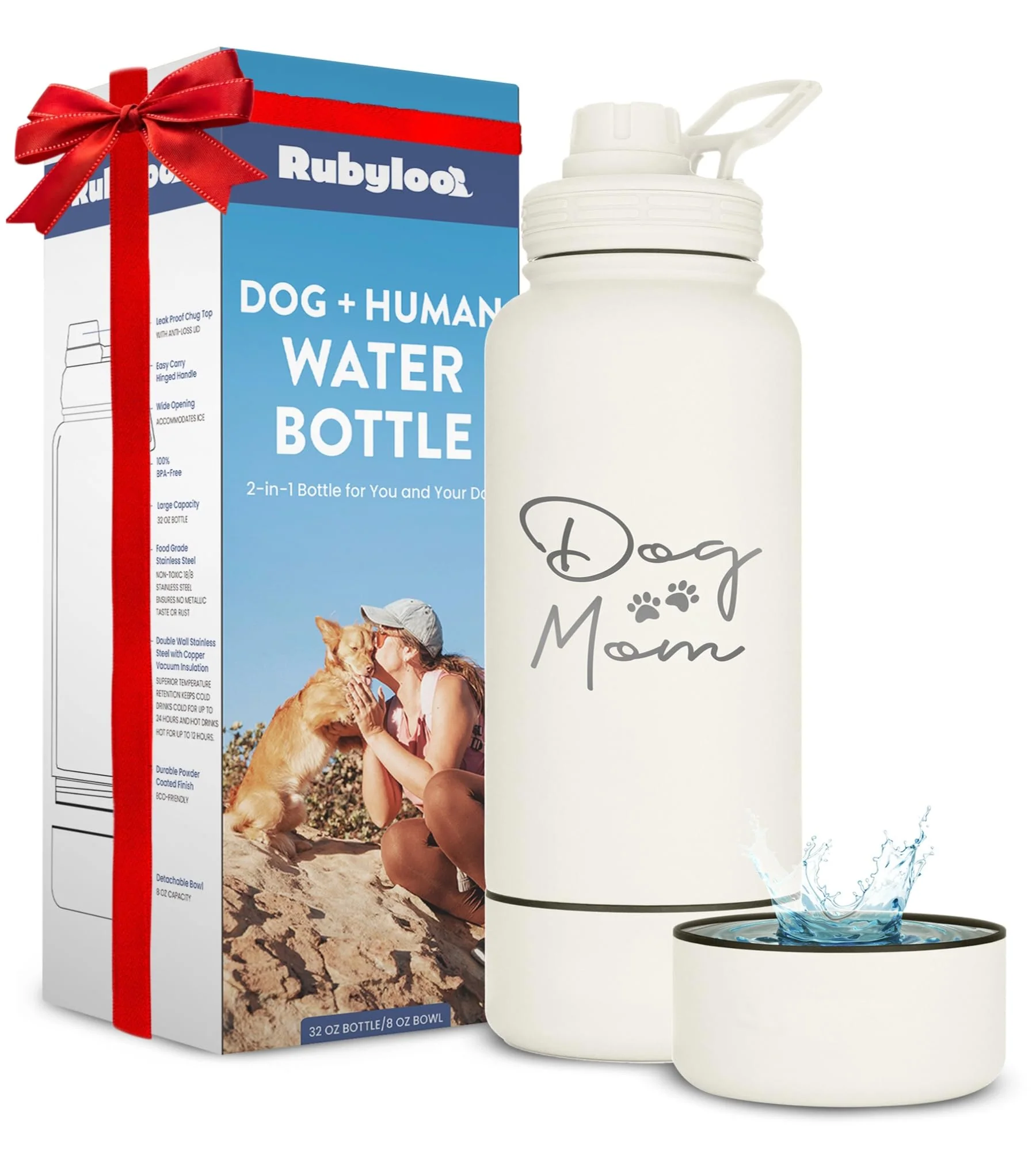 Carefully Designed Rubyloo Dog Mom Water Bottle 32 oz – 8 oz Detachable Bowl Double-Wall Stainless Superior