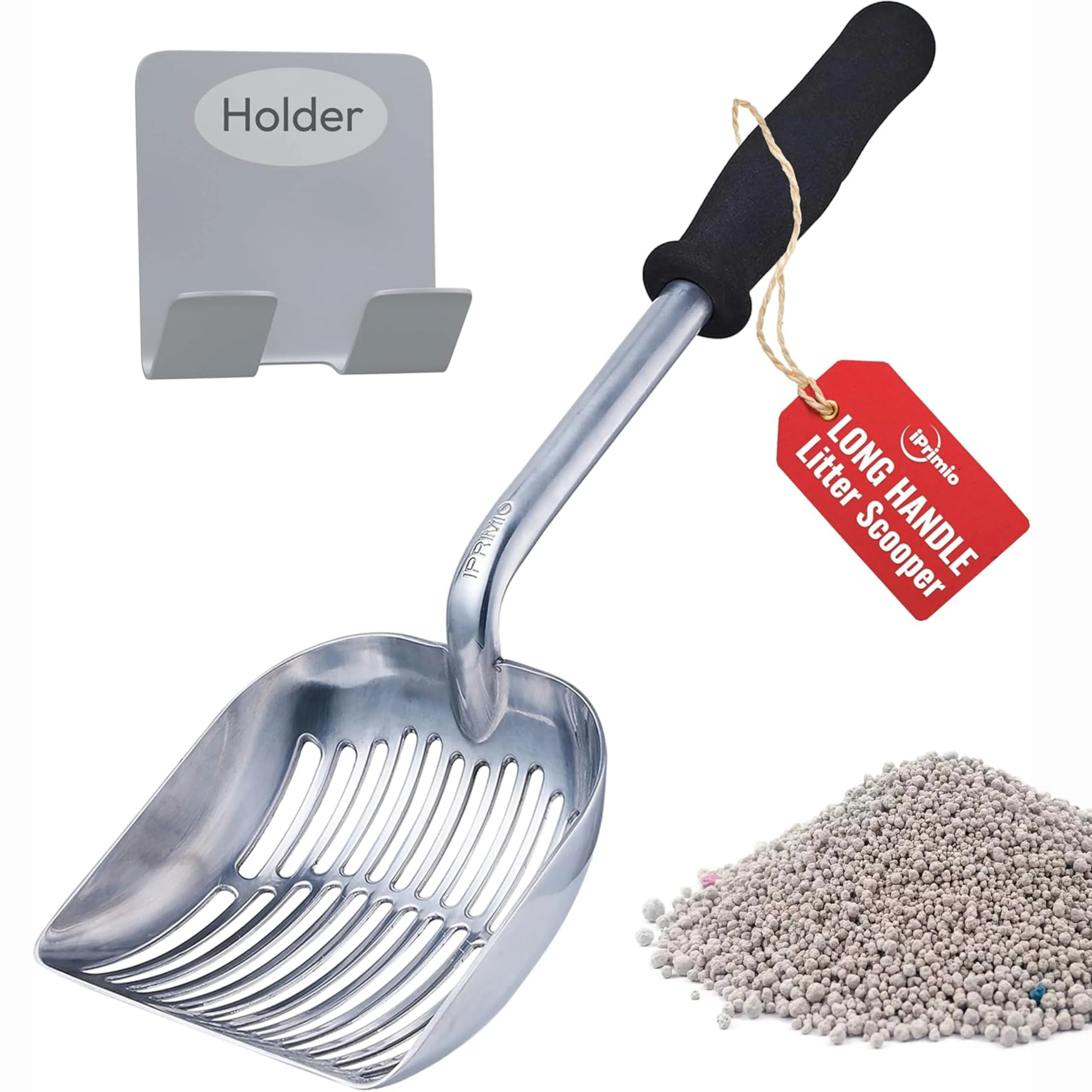Advanced iPrimio Monster Metal Cat Litter Scoop — 17-Inch Handle Extra Large Deep Shovel Ergonomic Soft Grip Detailed