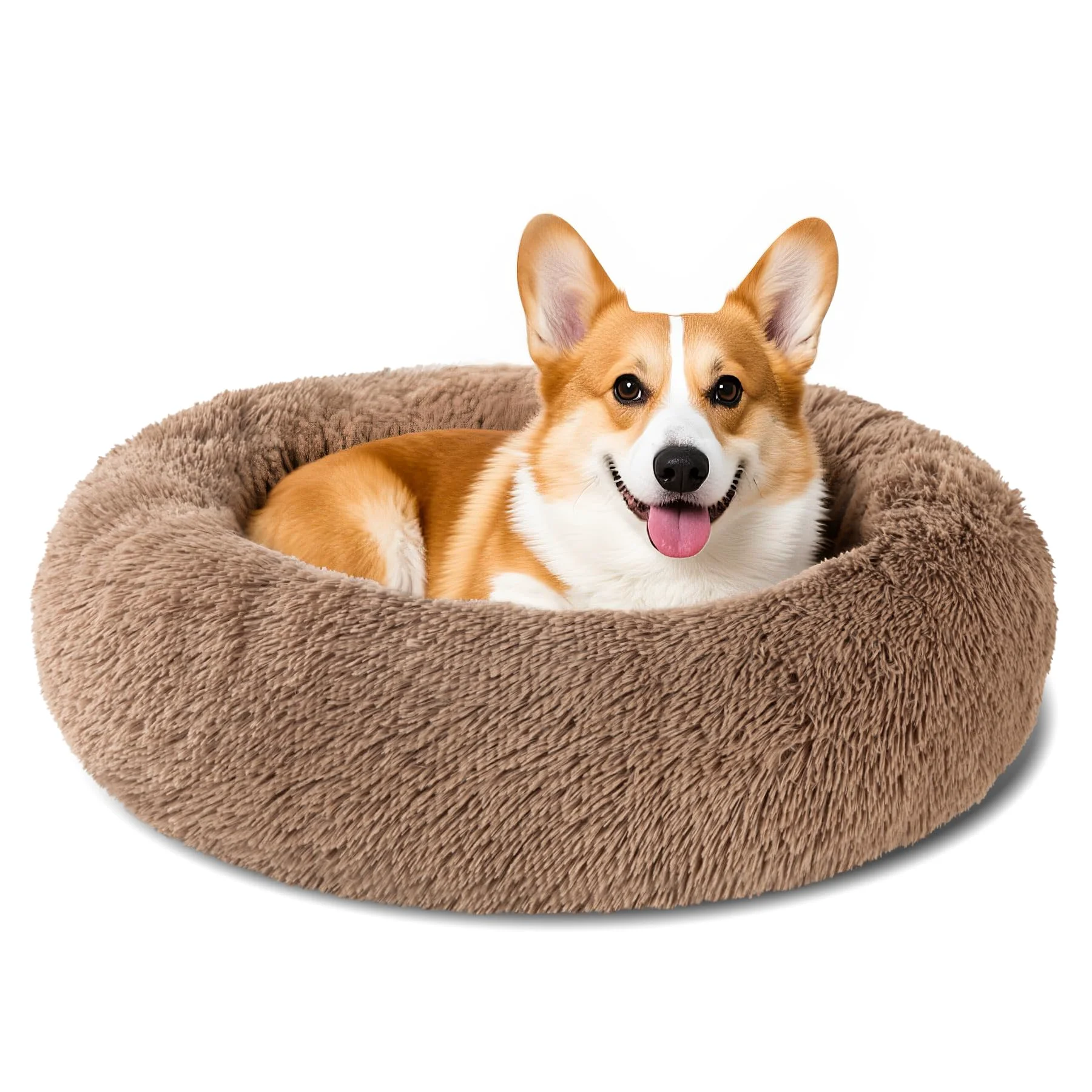 Dependable Kimpets Round Donut Dog Bed – Calming Faux Fur Anti-Slip Washable Khaki 28 inch Innovative