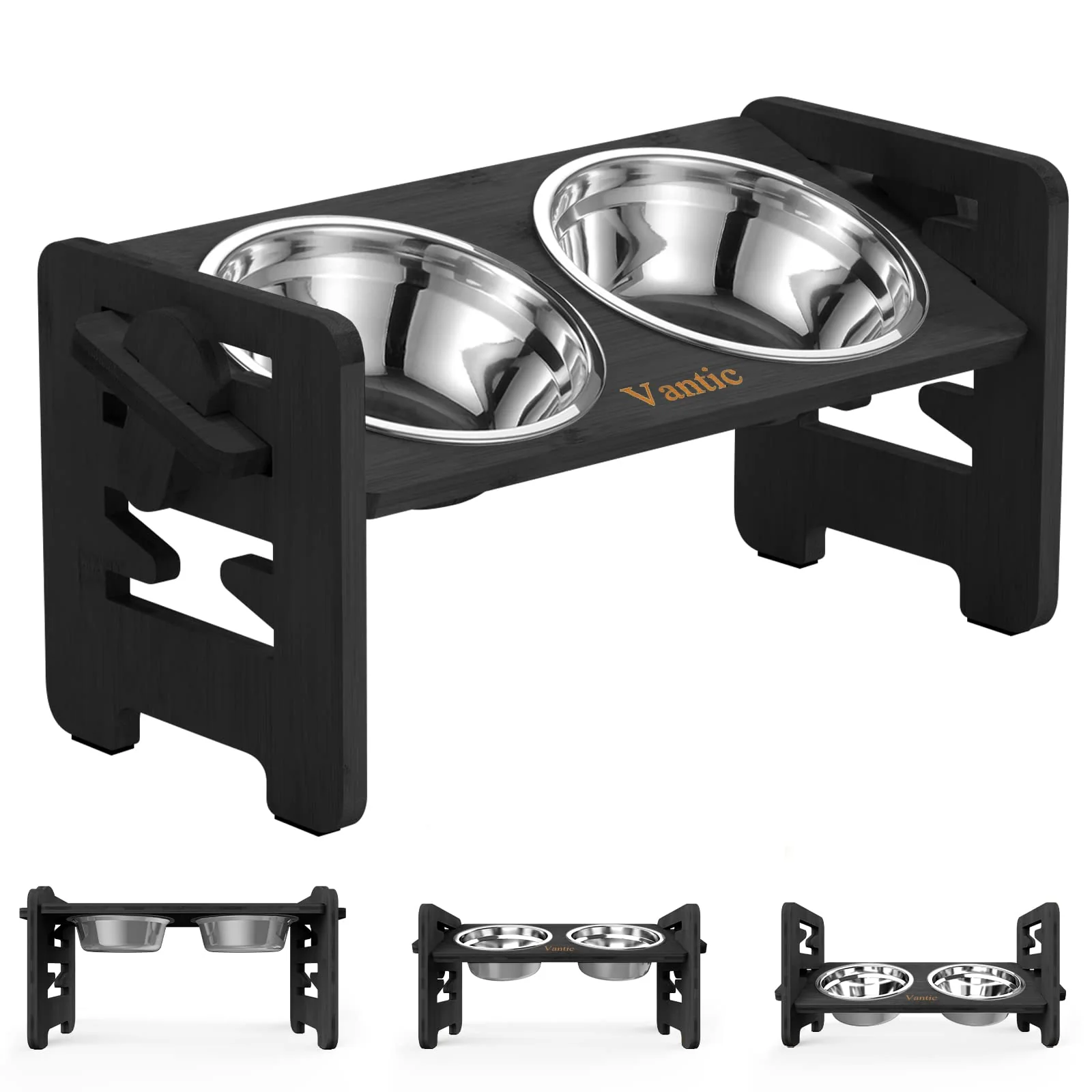 High-End Vantic d Dog Bowls — Adjustable Raised Stand for Small Dogs Cats Bamboo Feeder with 2 Stainless Steel Dishes Black Proven