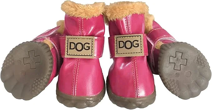 Reusable Winter Dog Boots Paw Protectors Outdoor Anti-Slip Dog Snow Shoes Dog Booties Provide Warmth to Dogs Paws from Ice and Snow Rubber Sole PU Leather Upper Faux Fleece-Lined Pink Dog Shoes Size 4About ThisOverview Natural