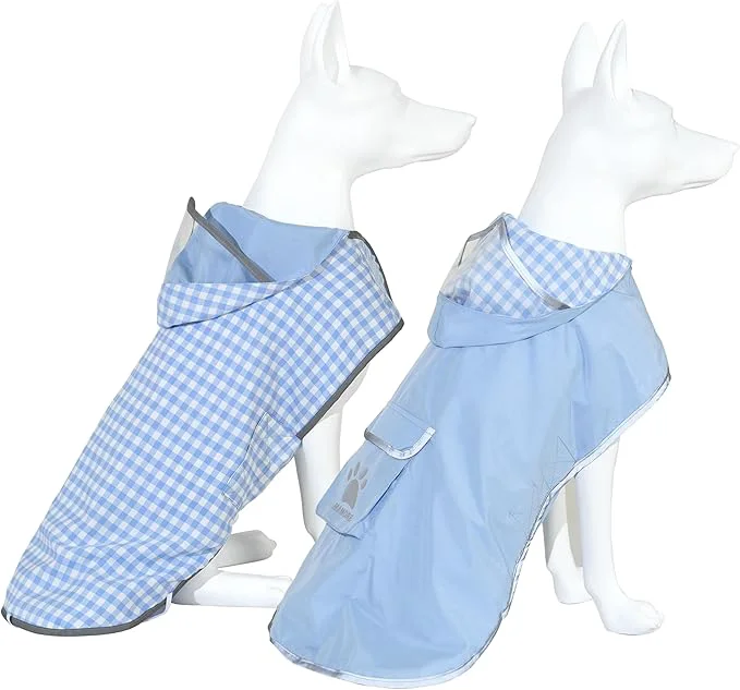 Convenient MAMORE Dog Raincoat Reversible Waterproof Dog Rain Coat Hooded Slicker Poncho with Reflective Strip Plaid Double Layer Rain Jacket for Small Medium Large Dogs Light Blue Medium About ThisOverview Premium Material