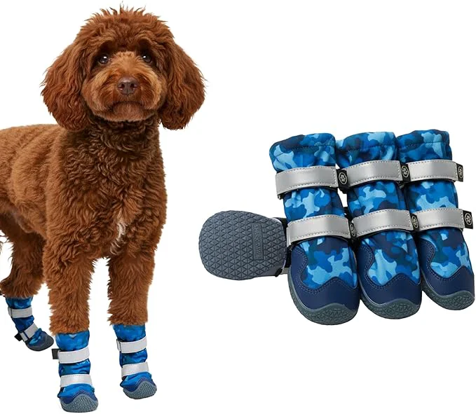 Classic Spark Paws Dog Shoes Waterproof Dog Boots for Medium to Large Dogs Non Slip Breathable Dog Booties and Paw Protectors – 4PCS Doggie Hiking Boots with Reflective Straps Blue Camo Size 3About ThisOverview Advanced