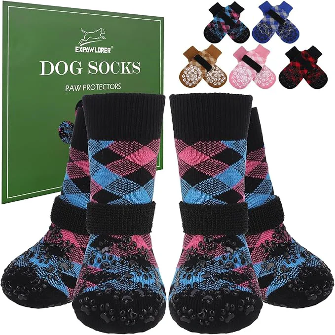 Optimized EXPAWLORER Dog Socks for Cold Winter Snow to Prevent Licking Paws Anti Slip Doggie Booties Grippy Shoes for Hardwood Floors Boots Paw Protectors for Small Medium Large Senior Dogs Pink Blue XSAbout ThisOverview Clean