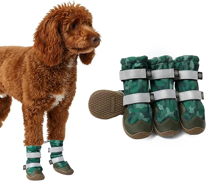 Trusted Spark Paws Dog Shoes Waterproof Dog Boots for Medium to Large Dogs Non Slip Breathable Dog Booties and Paw Protectors – 4PCS Doggie Hiking Boots with Reflective Straps Green Camo Size 3About ThisOverview Trendy