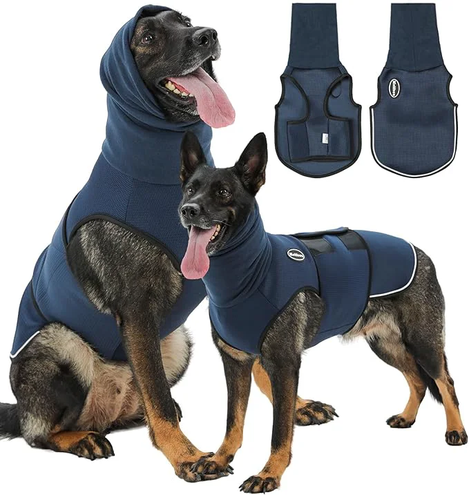 Stylish Dog Anxiety Vest with Hood Skin-Friendly Thunder Jacket for Dogs All-in-One Dog Calming Shirt with Hood for Thunder Fireworks Separation – Keep Pet Calm Without Medicine Dark Blue SAbout ThisOverview Next-Generation
