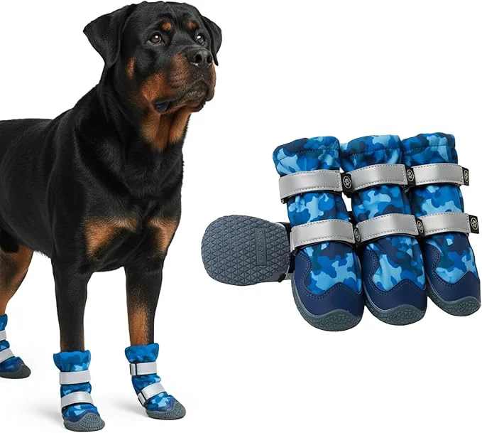 Carefully Designed Spark Paws Dog Shoes Waterproof Dog Boots for Medium to Large Dogs Non Slip Breathable Dog Booties and Paw Protectors – 4PCS Doggie Hiking Boots with Reflective Straps Blue Camo Size 7About ThisOverview High-End