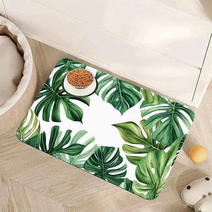 Flexible Palm Leaf Pet Feeding Mat Boho Absorbent Quick-Dry Cat Dog Food and Water Bowl High-Quality
