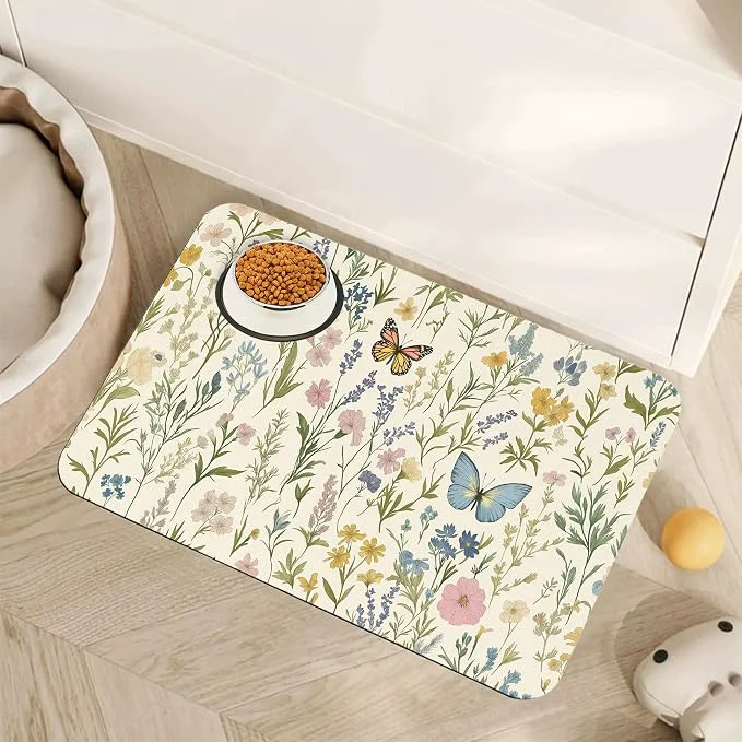 Green Wildflowers Dog Cat Food Mat Vintage Botanical Garden Plants Herb Butterfly Sustainable