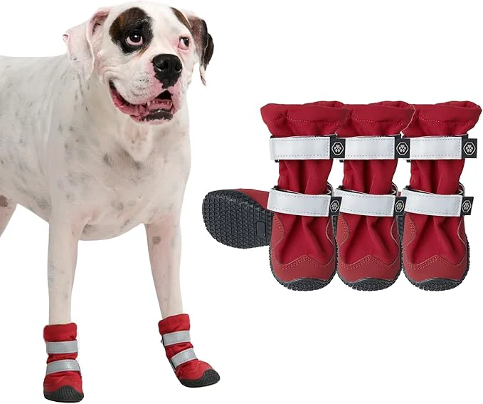 Eco-Friendly Spark Paws Dog Shoes Waterproof Dog Boots for Medium to Large Dogs Non Slip Breathable Dog Booties and Paw Protectors – 4PCS Doggie Hiking Boots with Reflective Straps – Red Size 6About ThisOverview Easy-to-Use