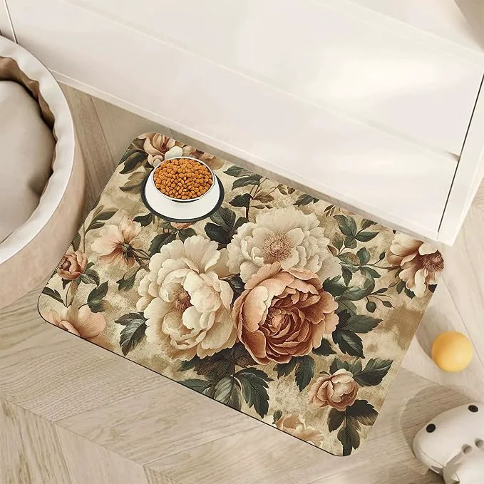 Lightweight Roses Peonies Pet Feeding Mat Vintage Luxury Shabby Chic Flower Absorbent Exceptional