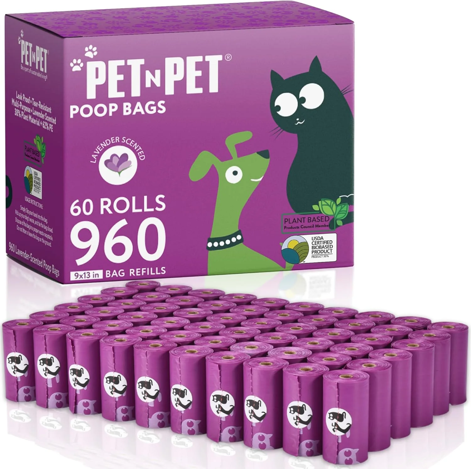 Comfortable Pet N Pet Poop Bags for Dogs 960 Counts Lavender Scented Dog Poop Bags Rolls USDA 38 Plant Based 62 PE Dogs Waste Bag Doggie Poo Bag Classic
