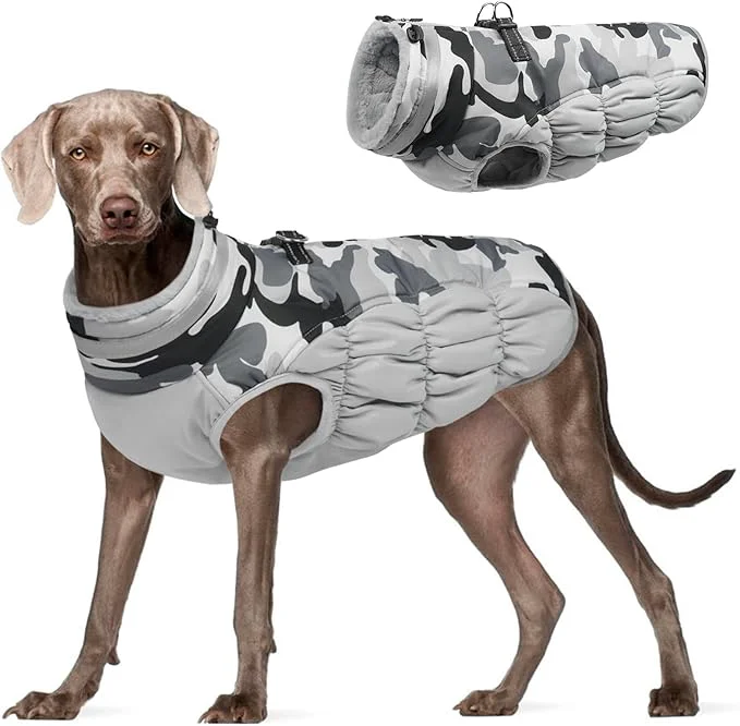 Efficient FUAMEY Dog Coat for Large Dogs Waterproof Dog Winter Jacket with Harness Built in Puppy Cold Weather Coats Reflective Pet Vest with Zipper Warm Fleece Dogs Snowsuit Windproof Grey Camo LAbout ThisOverview Certified