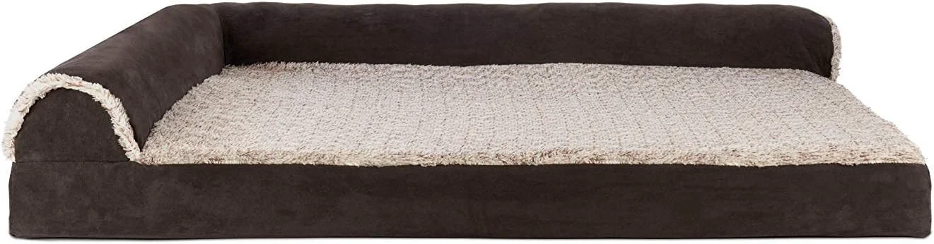 Secure Furhaven Cooling Gel Dog Bed for Large Dogs w Removable Bolsters Washable Cover For Dogs Up to 95 lbs -Two-Tone Plush Faux Fur Suede L Shaped Chaise- Espresso Jumbo XL 40.0 L x 32.0 W x 8.0 Th Top-Quality