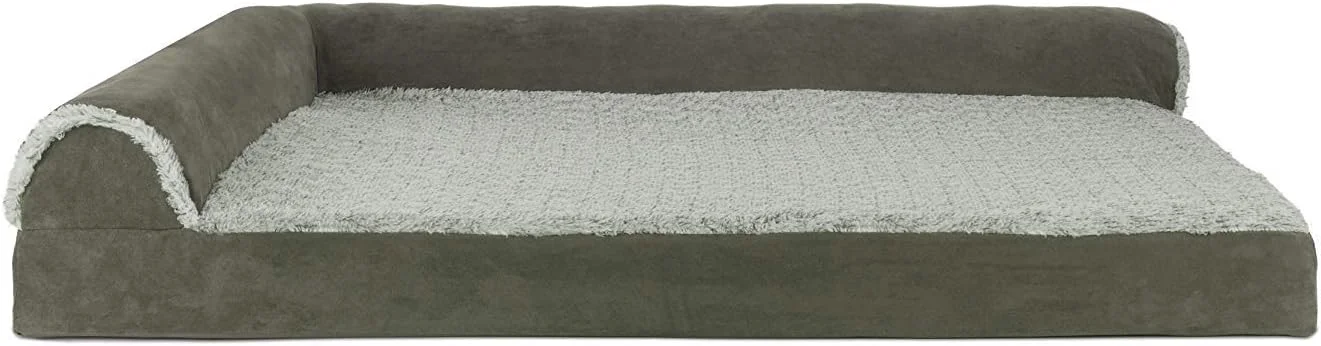 Carefully Designed Furhaven Cooling Gel Dog Bed for Large Dogs w Removable Bolsters Washable Cover For Dogs Up to 95 lbs – Two-Tone Plush Faux Fur Suede L Shaped Chaise – Dark Sage Jumbo XL Quality