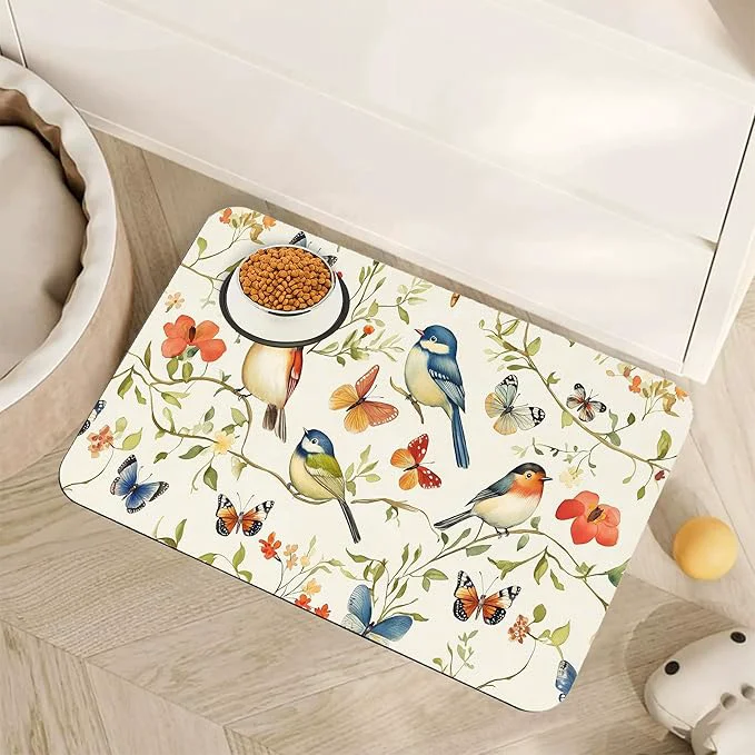 Certified Butterfly Bird Dog Food Mat for Floors Vintage Nature Absorbent Pet Food and Casual