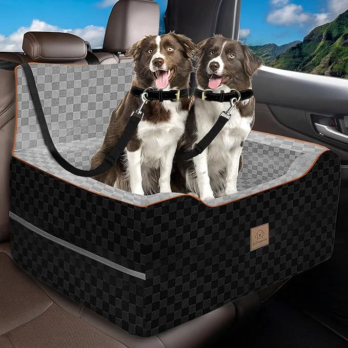 Fashionable Large Dog Car Seat for Back Seat – Removable Dog Booster Seat Washable Pet Car Seat for Medium 2 Small Dogs up to 60lbs – Safety Straps Storage Pocket – Travel Home Use Gray Black About ThisOverview Organic