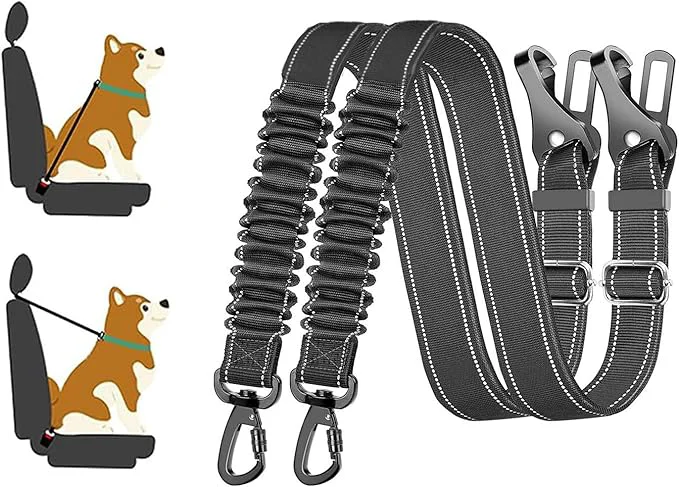 Stylish 2 Pack Black Dog Seat Belt Adjustable Dog Car Safety Belt with Reflective Bungee Rotatable Carabiner Suitable for Medium to Large Dogs Up to 150 lbsAbout ThisOverview Trendy