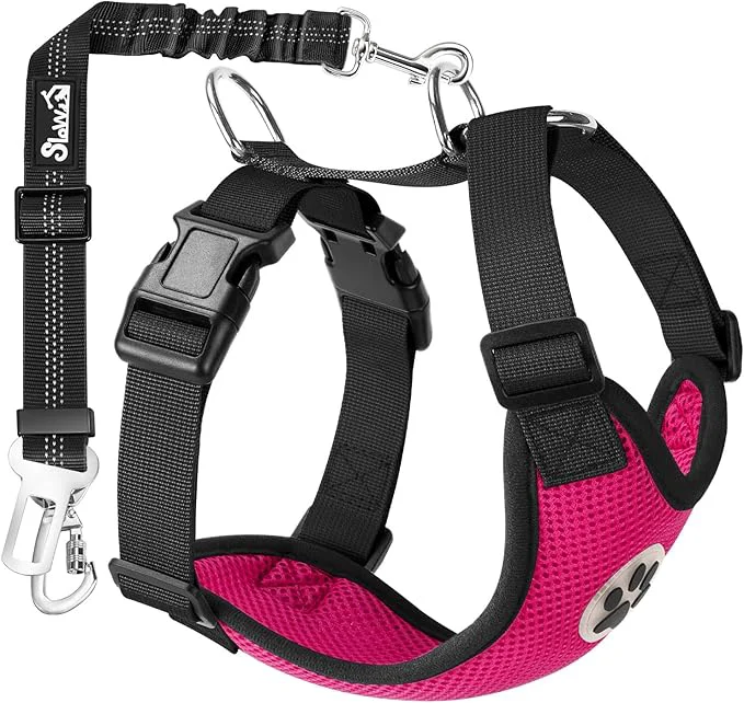 Premium SlowTon Dog Seat Belt Harness for Car Dog Car Harness Adjustable Mesh Breathable Dog Seatbelt Safety Tether with Elastic Bungee for Small Medium Large Pets Fuchsia Double Clip M About ThisOverview Authentic