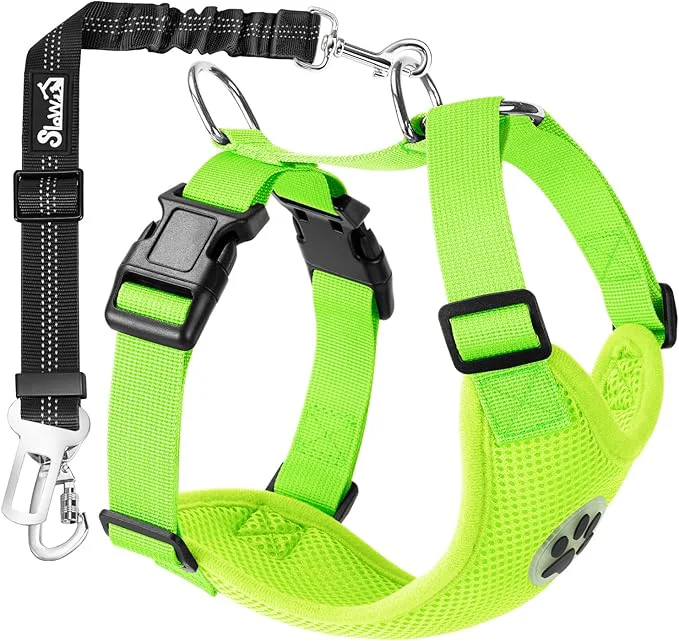 Verified SlowTon Dog Seat Belt Harness for Car Dog Car Harness Adjustable Mesh Breathable Dog Seatbelt Safety Tether with Elastic Bungee for Small Medium Large Pets Lime Double Clip XS About ThisOverview Versatile
