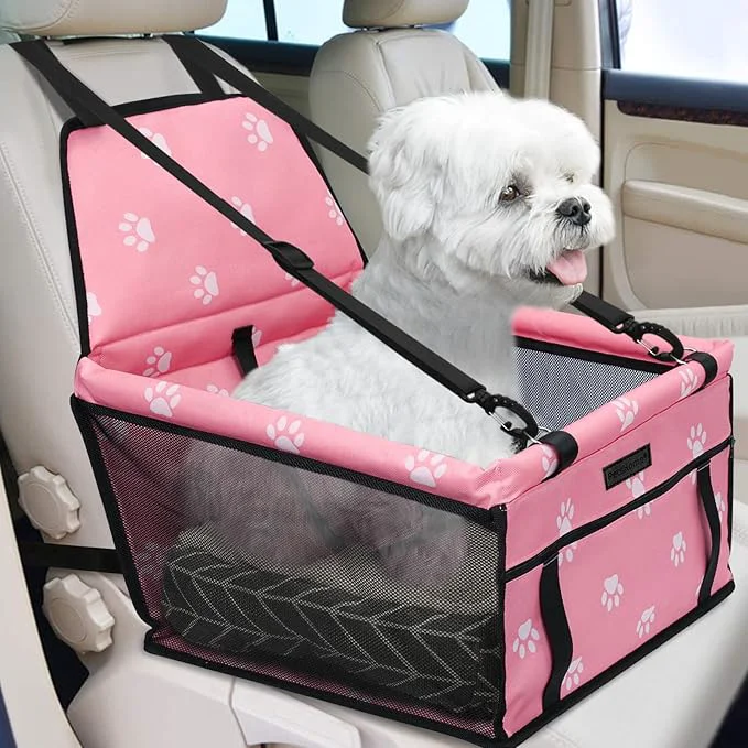 Lightweight PetsHome Dog Car Seat Foldable Dog Car Booster Seat Waterproof Breathable Oxford Travel Bag for Small to Medium Dogs Puppies and Pets-Footprint Pink MatAbout ThisOverview Enhanced