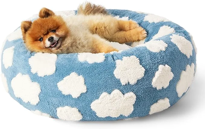 Sophisticated LE SURE Donut Dog Beds for Small Dogs – Round Cat Beds for Indoor Cats for Calming Pet with Washable Cover Cute Modern Beds with Jacquard Shaggy Plush Anti Slip Bottom 23 Inch BlueAbout ThisOverview Trendy