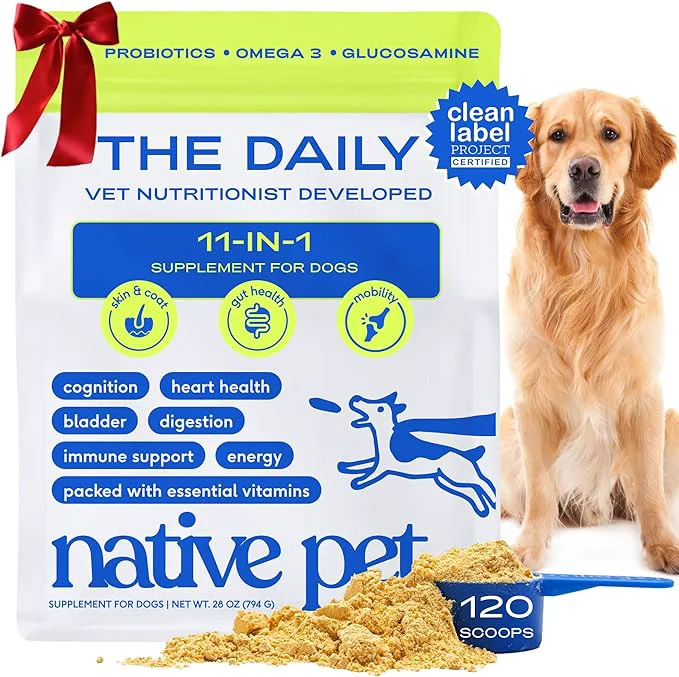 Reusable Native Pet Dog Vitamins Supplements – 11-in-1 Vitamin Powder for Dog Food Topper – Collagen Glucosamine Probiotics Omega More- Supports Healthy Gut Mobility Overall Health – 120 ScoopsAbout ThisOverview Certified