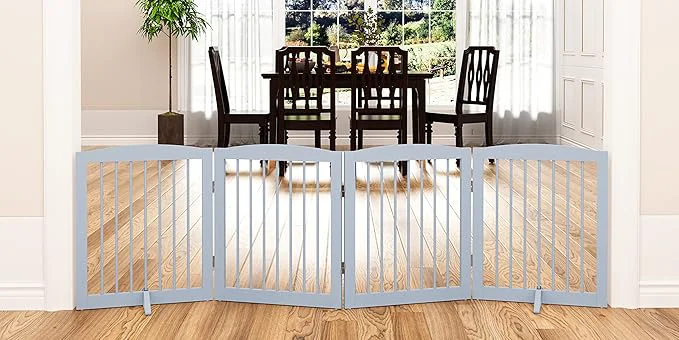 Easy-to-Use standing Pet Gate – Foldable Wooden Dog Gate for House Indoor 80 Inch Wide 4 Panels 24 GreyAbout ThisOverview Lightweight