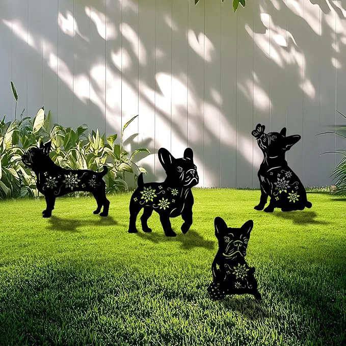 Green 4 Pack Bulldog Metal Garden Decorative Stakes Weather Proof Puppy Silhouette Contemporary