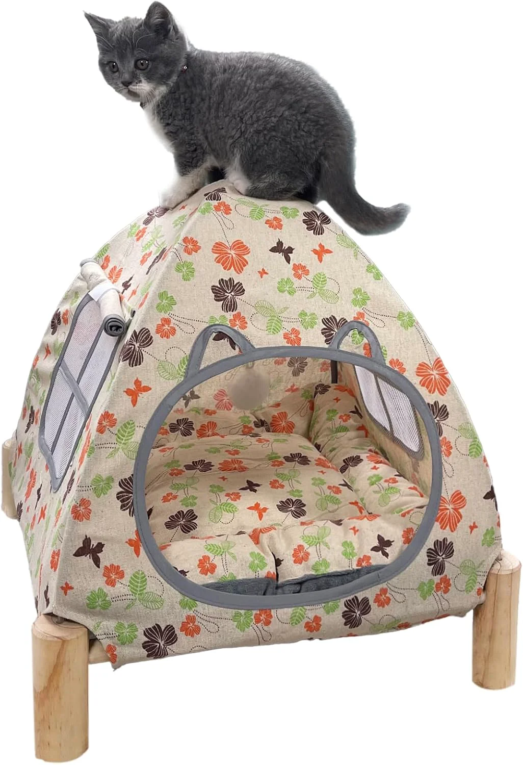 Easy-to-Use 2-in-1 d Cat Tent Cat House Quick Assembly and Disassembly Portable Indoor Outdoor Cute Cat Bed Cave-Butterfly and Flower Advanced
