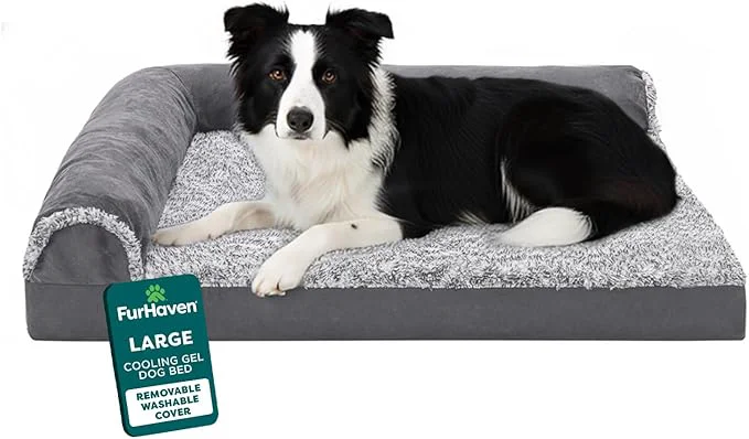 Effective FurHaven Cooling Gel Dog Bed for Medium Large Dogs L-Shaped Chaise with Cool Gel-Top Foam Solid Orthopedic Foam Base for Joint Support Washable Cover Large Plush Suede Stone GrayAbout ThisOverview Secure
