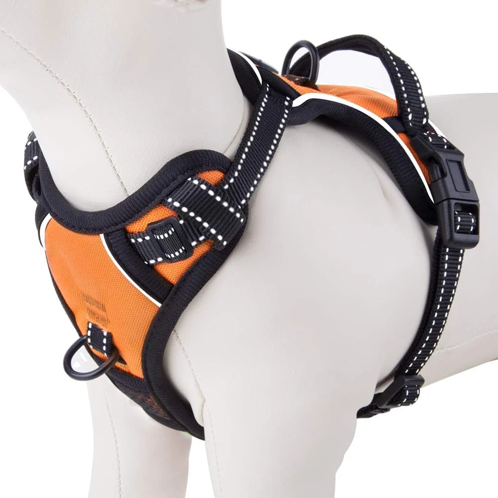 Eco-Friendly PHOEPET Reflective Dog Harness No Pull Large Breed Vest with 2 Metal Leash Attachment Hooks L Orange Original Design