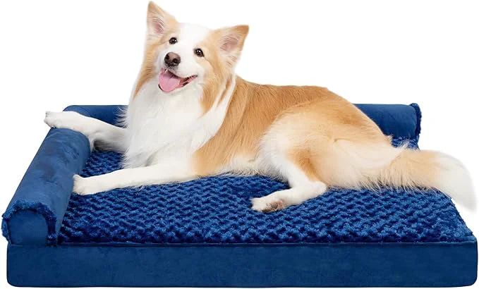 Original Design MIHIKK Orthopedic Dog Couch Bed Deluxe Plush L-Shaped with Waterproof Lining Bolster Dog Sleeping Sofa with Removable Washable Cover Nonskid Bottom Pet Bed for Large Dogs BlueAbout ThisOverview Classic