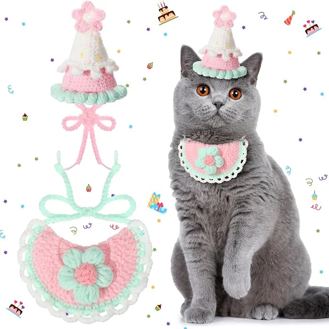 Powerful Sanwuta 2 Pcs Cat Birthday Party Supplies Knit Cat Hat Kitten Birthday Bib High-Quality