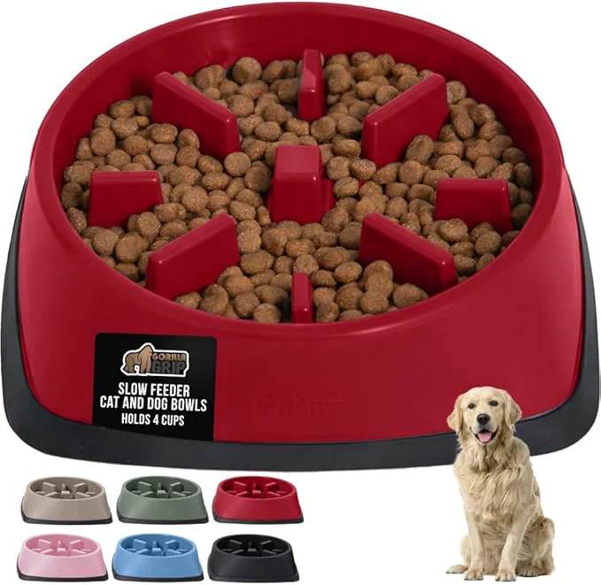 Lightweight GORILLA GRIP Patented BPA Slow Feeder Dog Bowls 4 Cup Interactive Puzzle Toy for Dogs and Cats Food Training Enrichment Keeps Pets Busy and Prevents Puppy Overeating Large Breeds RedAbout ThisOverview Secure