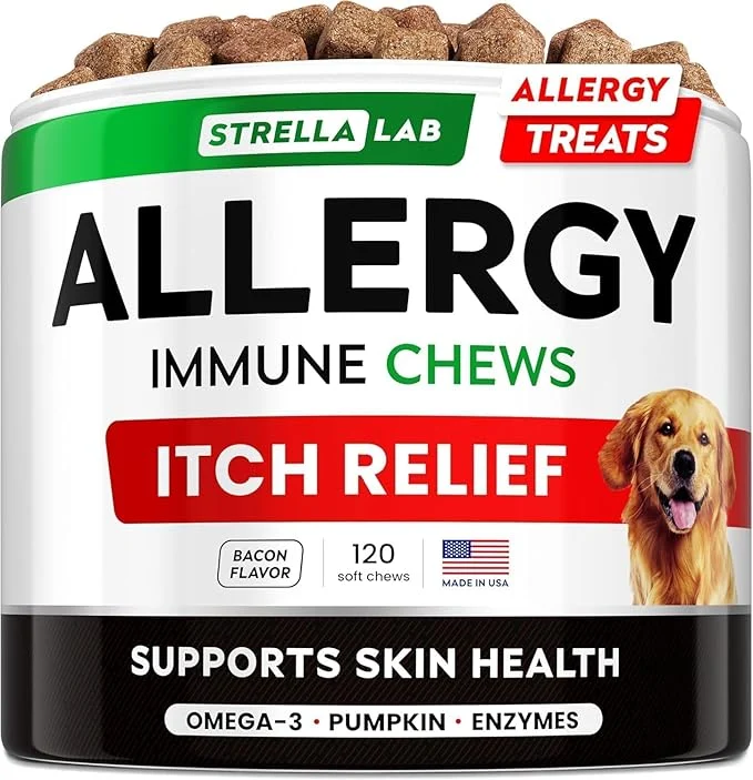 Carefully Designed StrellaLab Dog Allergy Relief Anti Itch Support Chews w Omega 3 Ingredients Taste Skin Coat Immune Supplement w Fish Oil Pumpkin Enzymes — Developed by Experts – Made in USA -120CtAbout This High-End