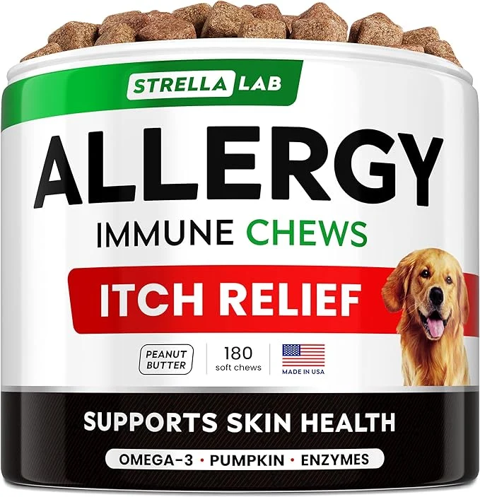Verified StrellaLab Dog Allergy Relief Anti Itch Support Chews w Omega 3 Ingredients Taste Skin Coat Immune Supplement w Fish Oil Pumpkin Enzymes — Developed by Experts – Made in USA -180CtAbout This Consistent