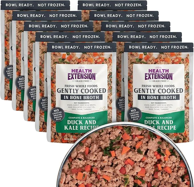 Optimized Health Extension Gently Cooked Grain- Duck Kale Dog Food Human-Grade Shelf-Stable with Superfoods Supports Digestion Immunity Skin Coat 9 oz Pouch Pack of 10 About This World-Class