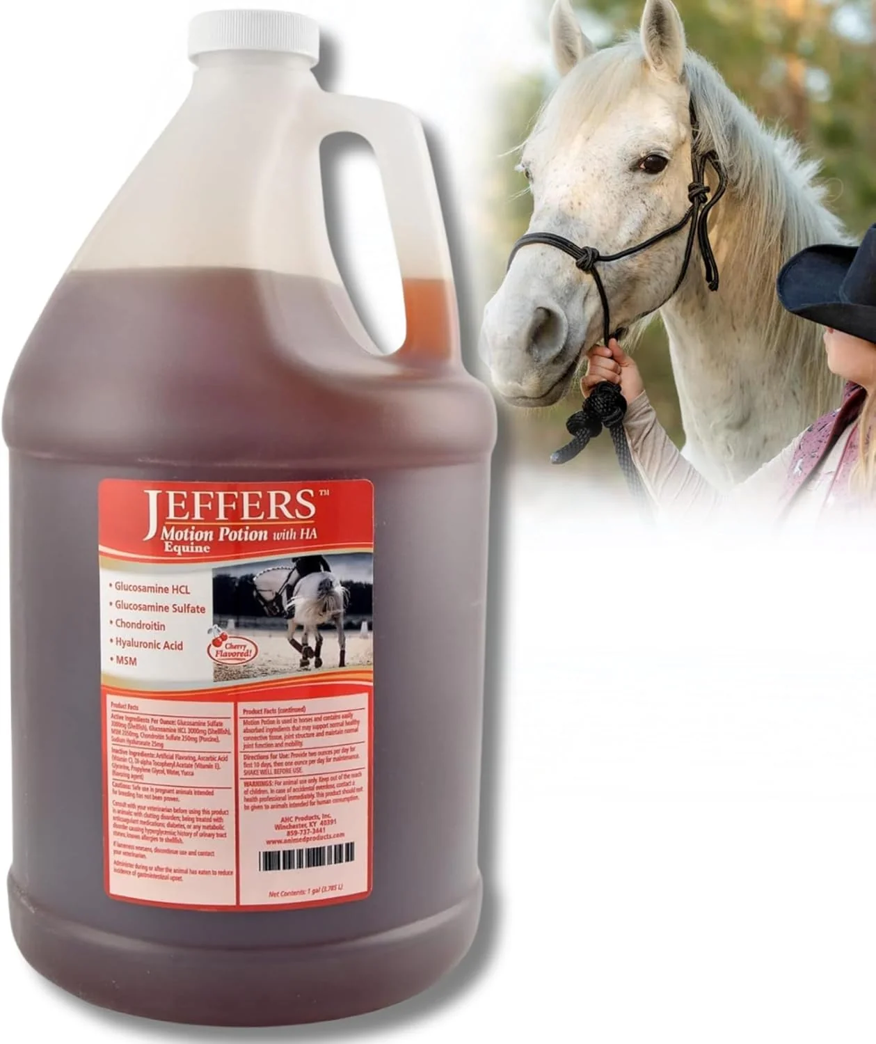 Specialty Jeffers Equine Motion Potion Liquid Horse Joint Supplement with HA Cherry Flavor – Glucosamine MSM Chondroitin Hyaluronic Acid – Mobility Support for Horses – 1 Gallon Jug – Up to 128 Serving Next-Generation