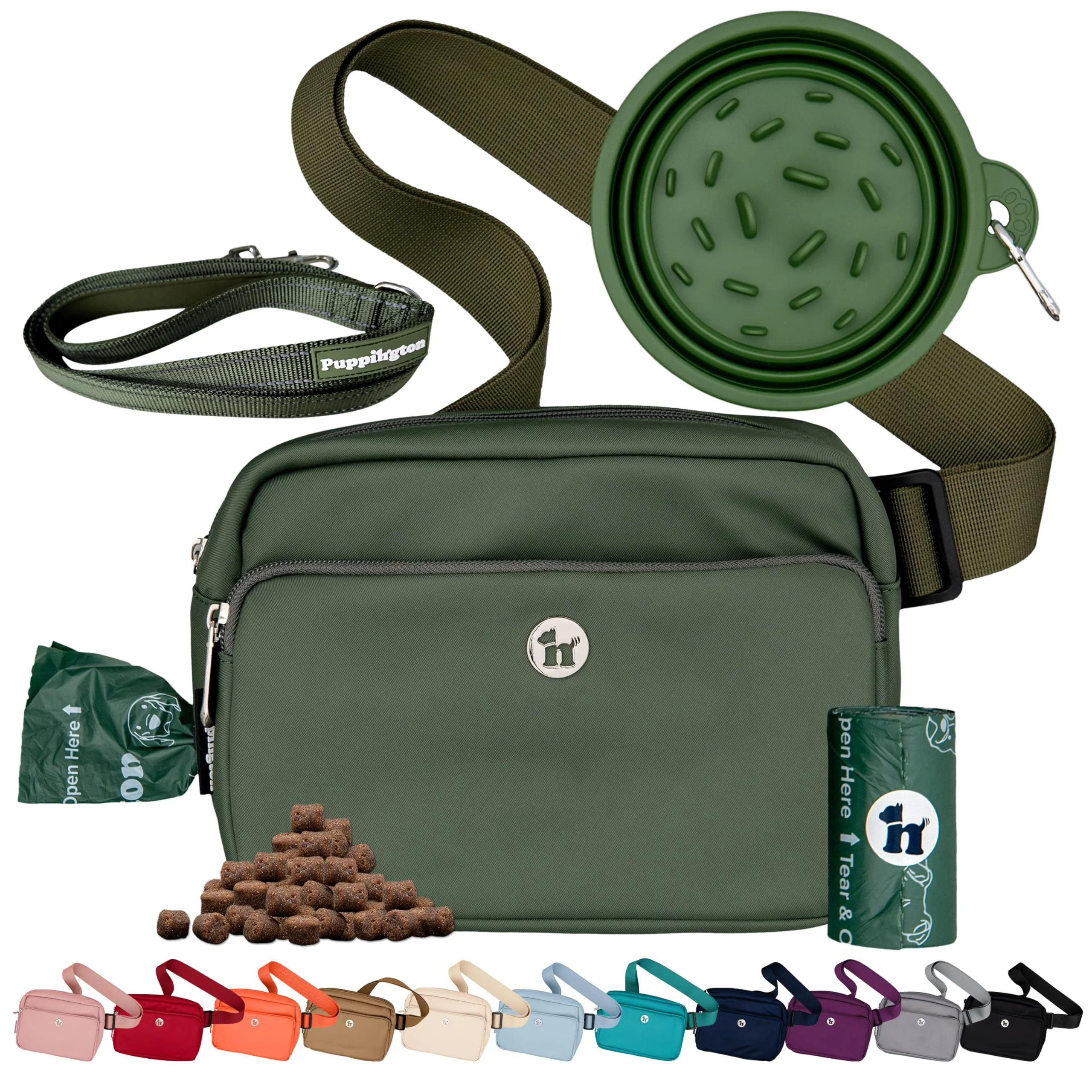 Soft Puppington 3-in-1 Crossbody Dog Bag — Treat Pouch Dispenser Slow-Feeding Bowl Reflective Leash Basil Green Exclusive