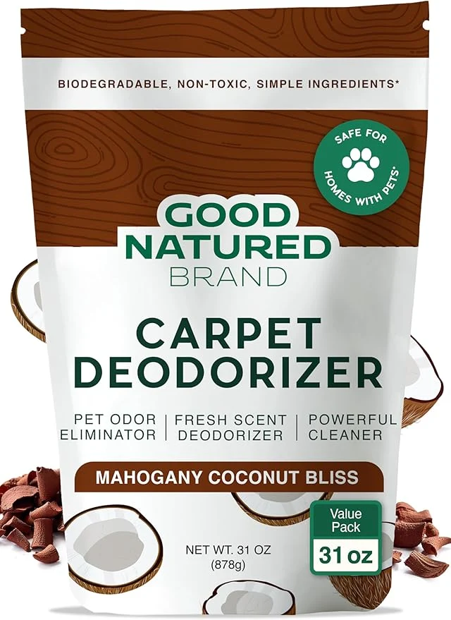 Sustainable Good Natured Brand Carpet Deodorizer Freshener Powder 31 oz Pet Odor Eliminator for Strong Odor Pet Urine Fresh Natural Mahogany Coconut Bliss Scent Safe for Homes with PetsAbout ThisOverview Recyclable