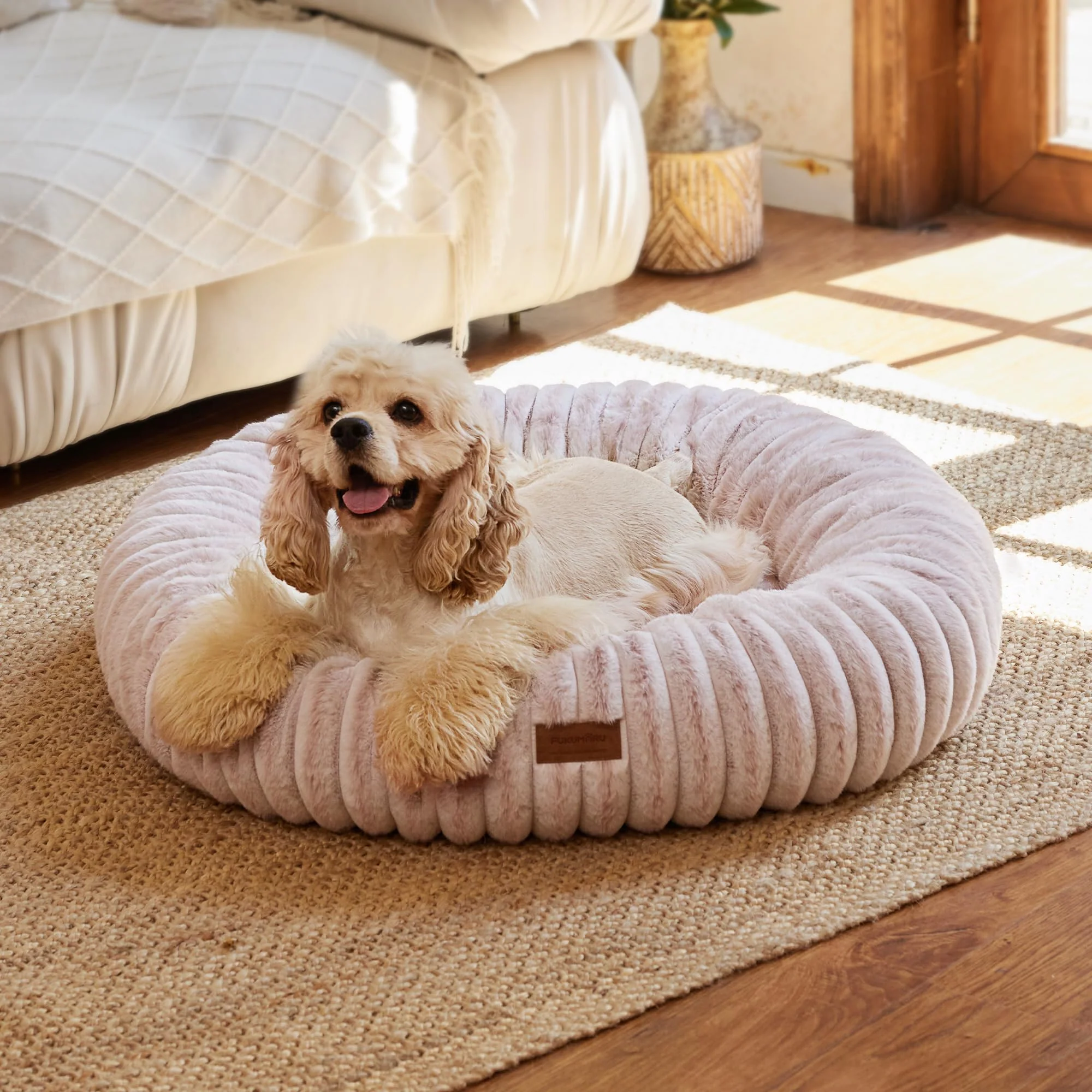 Verified FUKUMARU Dog Bed – Calming Donut Bed with Gradient Print Pink 30in Orthopedic Support Versatile