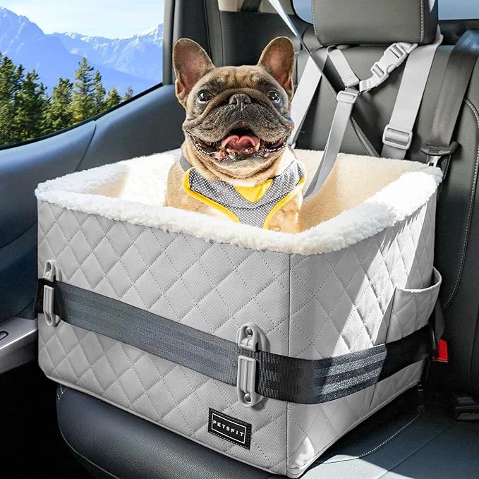 Stylish PETSFIT Small Dog Car Seat Soft Foam Dog Booster Car Seat with Patented Safety Buckles Storage Pockets and Detachable Clip-On Safety Leash Dog Car Seat for Medium Dogs 30 LBS Grey About ThisOverview Powerful