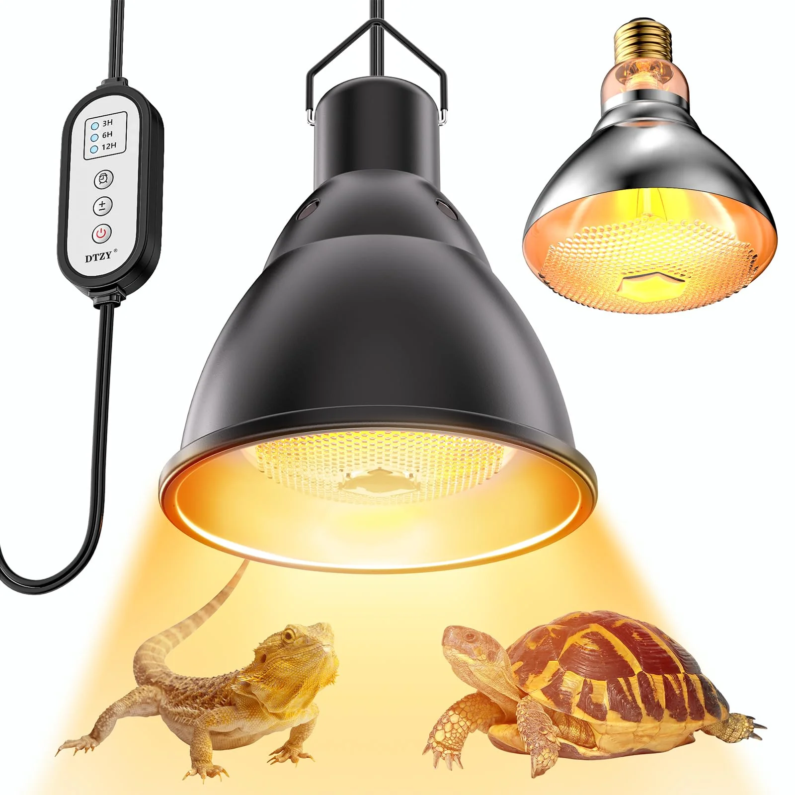 Lightweight DTZY Reptile Light Fixture — 7-Inch Deep Dome Infrared Heat Lamp with 150W Bulb Included 3 6 12H Timer Genuine