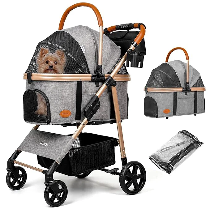 Functional Dog Cat Stroller for Small Medium Pets up to 50 lbs 3-in-1 Foldable Pet Stroller with Detachable Carrier Car Seat Storage Basket Cup Holder Hanging Bag Rain Cover All-Terrain 4 Wheels Grey About ThisOverview Flexible